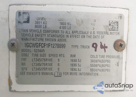 2015 Chevrolet Express 2500 Work Van z USA, uszkodzony, nr VIN 1GCWGFCF1F1278899